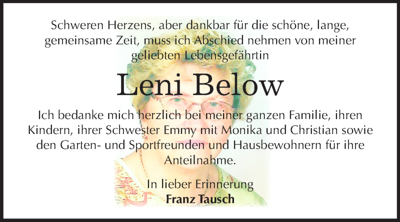  Traueranzeige für Leni Below vom 20.03.2019 aus Mitteldeutsche Zeitung Köthen