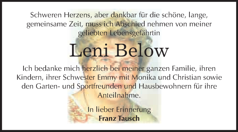  Traueranzeige für Leni Below vom 20.03.2019 aus WVG - Wochenspiegel Dessau / Köthen