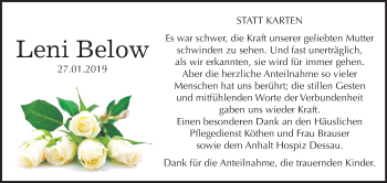 Traueranzeige von Leni Below von Mitteldeutsche Zeitung Köthen