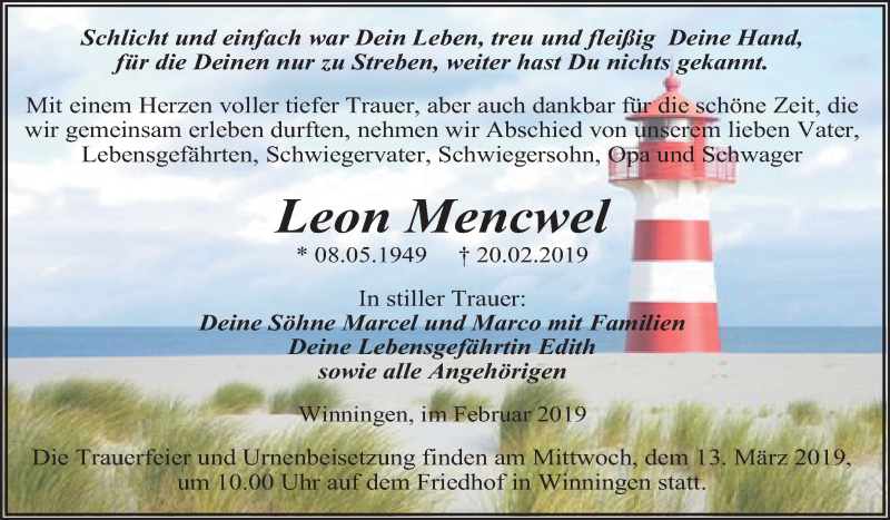  Traueranzeige für Leon Mencwel vom 02.03.2019 aus Mitteldeutsche Zeitung