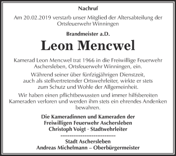 Traueranzeige von Leon Mencwel von Super Sonntag Aschersleben