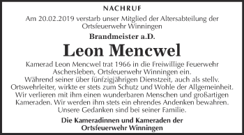 Traueranzeige von Leon Mencwel von Super Sonntag Aschersleben