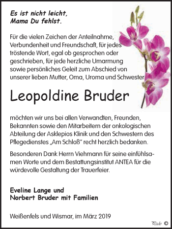 Traueranzeige von Leopoldine Bruder von WVG - Wochenspiegel NMB / WSF / ZTZ