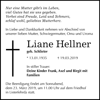 Traueranzeige von Liane Hellner von Mitteldeutsche Zeitung