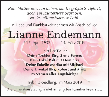 Traueranzeige von Lianne Endemann von Mitteldeutsche Zeitung