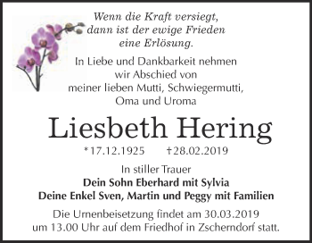 Traueranzeige von Liesbeth Hering von WVG - Wochenspiegel Bitterfeld