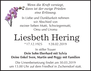 Traueranzeige von Liesbeth Hering von Mitteldeutsche Zeitung Bitterfeld