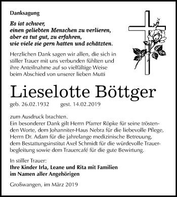 Traueranzeige von Lieselotte Böttger von Mitteldeutsche Zeitung