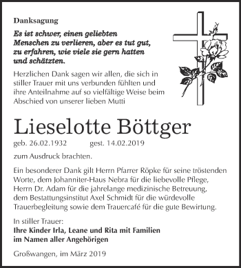 Traueranzeige von Lieselotte Böttger von WVG - Wochenspiegel NMB / WSF / ZTZ