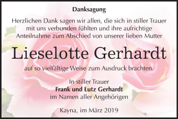 Traueranzeige von Lieselotte Gerhardt von Mitteldeutsche Zeitung