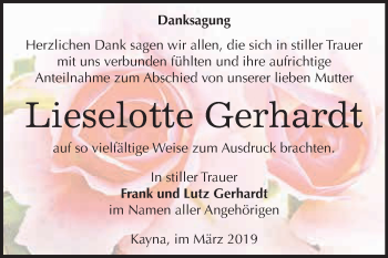 Traueranzeige von Lieselotte Gerhardt von WVG - Wochenspiegel NMB / WSF / ZTZ