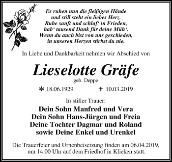Traueranzeige von Lieselotte Gräfe von Mitteldeutsche Zeitung