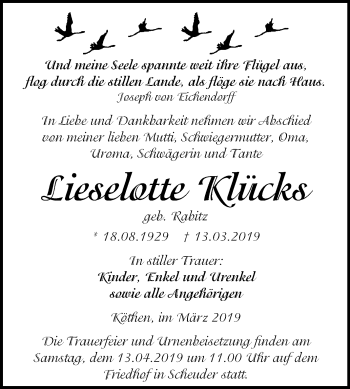 Traueranzeige von Lieselotte Klücks von Mitteldeutsche Zeitung