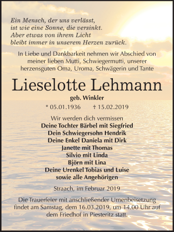 Traueranzeige von Lieselotte Lehmann von Mitteldeutsche Zeitung