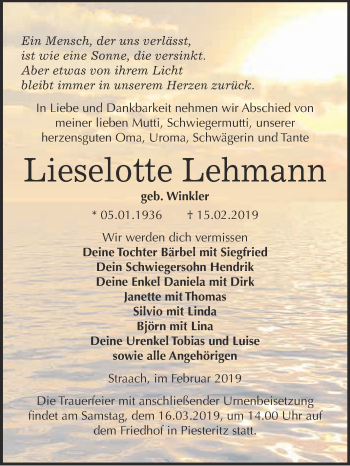 Traueranzeige von Lieselotte Lehmann von WVG - Wochenspiegel Wittenberg