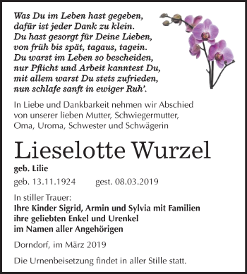 Traueranzeige von Lieselotte Wurzel von Mitteldeutsche Zeitung
