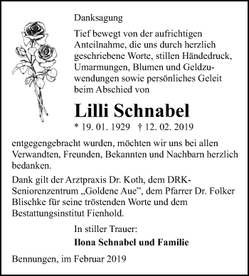 Traueranzeige von Lilli Schnabel von Mitteldeutsche Zeitung Sangerhausen