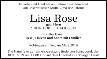 Traueranzeige von Lisa Rose von Mitteldeutsche Zeitung Mansfelder Land