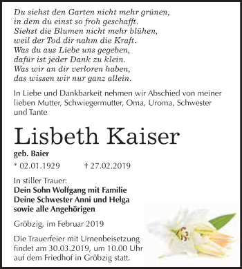 Traueranzeige von Lisbeth Kaiser von WVG - Wochenspiegel Dessau / Köthen