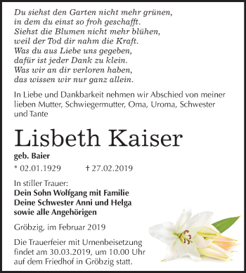 Traueranzeige von Lisbeth Kaiser von Mitteldeutsche Zeitung