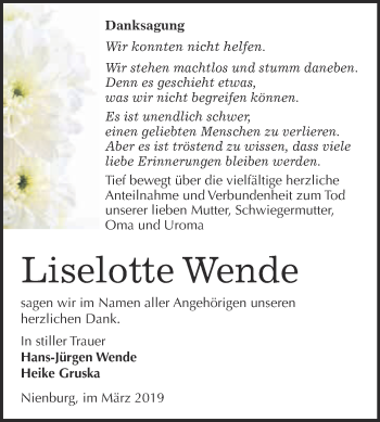 Traueranzeige von Liselotte Wende von Super Sonntag Bernburg