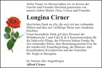 Traueranzeige von Longina Cirner von WVG - Wochenspiegel Dessau / Köthen