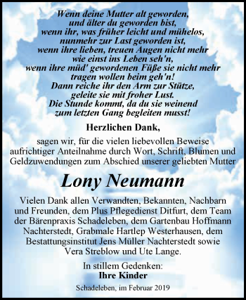 Traueranzeige von Lony Neumann von Super Sonntag Aschersleben