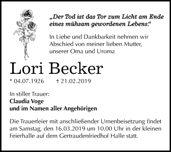 Traueranzeige von Lori Becker von Mitteldeutsche Zeitung