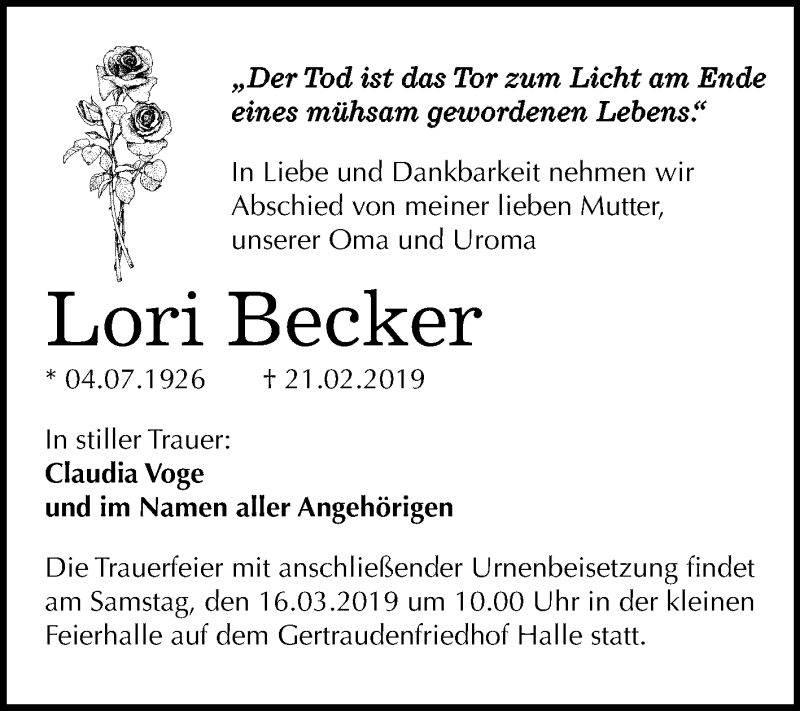  Traueranzeige für Lori Becker vom 09.03.2019 aus Mitteldeutsche Zeitung