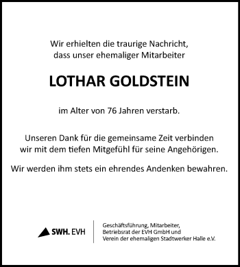 Traueranzeige von Lothar Goldstein von Mitteldeutsche Zeitung Halle/Saalkreis