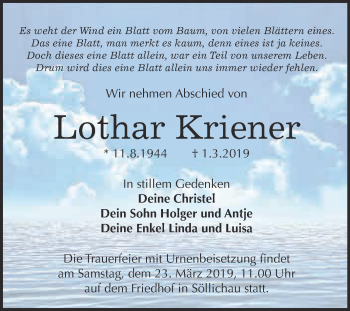 Traueranzeige von Lothar Kriener von Super Sonntag Wittenberg