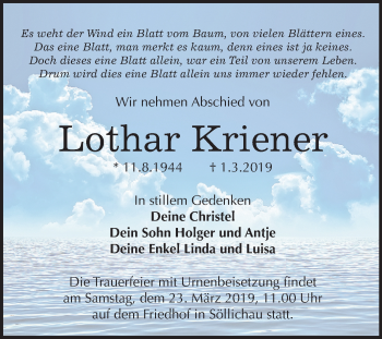 Traueranzeige von Lothar Kriener von Mitteldeutsche Zeitung