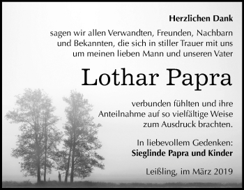 Traueranzeige von Lothar Papra von Mitteldeutsche Zeitung Weißenfels