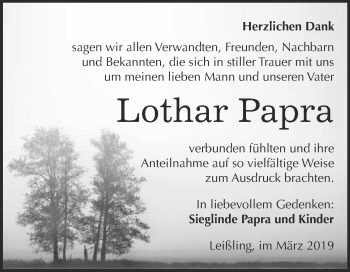 Traueranzeige von Lothar Papra von WVG - Wochenspiegel NMB / WSF / ZTZ