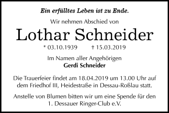 Traueranzeige von Lothar Schneider von WVG - Wochenspiegel Dessau / Köthen