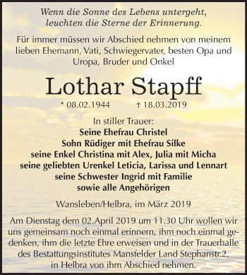 Traueranzeige von Lothar Stapff von Mitteldeutsche Zeitung Mansfelder Land