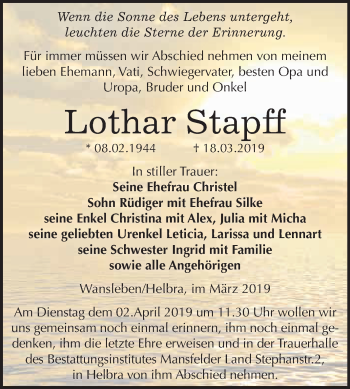 Traueranzeige von Lothar Stapff von Wochenspiegel Mansfelder Land