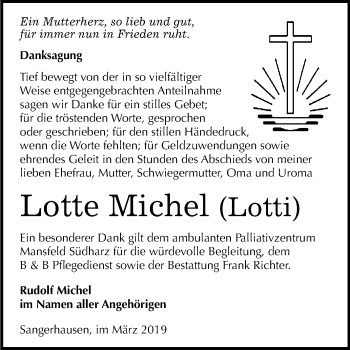 Traueranzeige von Lotte Michel von Super Sonntag SGH Mansf. Land