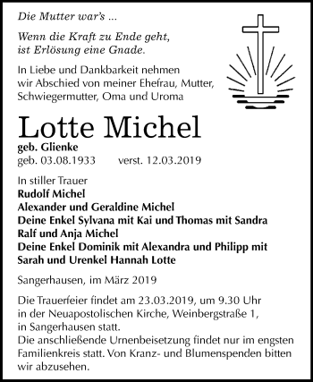 Traueranzeige von Lotte Michel von Super Sonntag SGH Mansf. Land