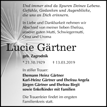 Traueranzeige von Lucie Gärtner von Mitteldeutsche Zeitung