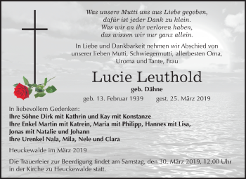 Traueranzeige von Lucie Leuthold von Mitteldeutsche Zeitung Zeitz