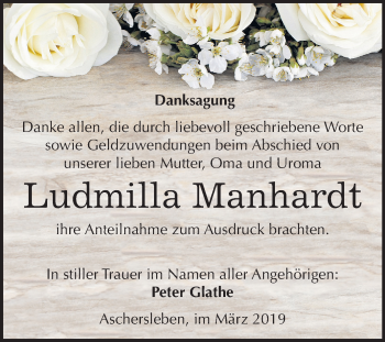 Traueranzeige von Ludmilla Manhardt von Mitteldeutsche Zeitung Aschersleben