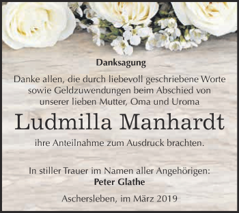 Traueranzeige von Ludmilla Manhardt von Super Sonntag Aschersleben