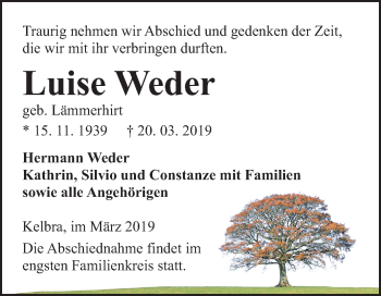 Traueranzeige von Luise Weder von Mitteldeutsche Zeitung Sangerhausen