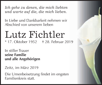 Traueranzeige von Lutz Fichtler von WVG - Wochenspiegel NMB / WSF / ZTZ