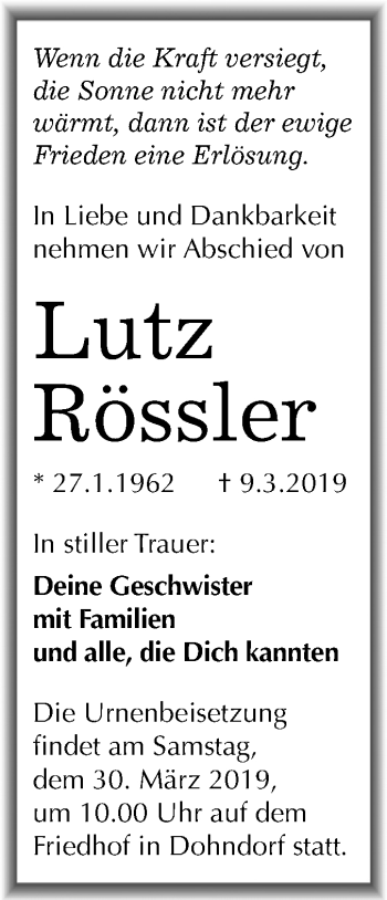 Traueranzeige von Lutz Rössler von Mitteldeutsche Zeitung Köthen