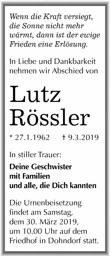 Traueranzeige von Lutz Rössler von WVG - Wochenspiegel Dessau / Köthen