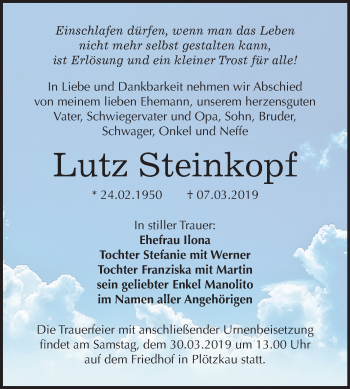 Traueranzeige von Lutz Steinkopf von Mitteldeutsche Zeitung Bernburg