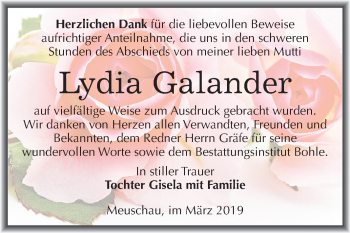 Traueranzeige von Lydia Galander von Mitteldeutsche Zeitung Merseburg/Querfurt