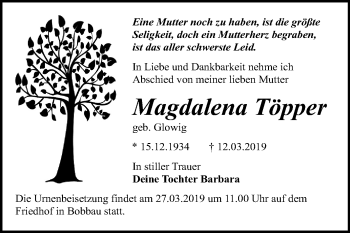 Traueranzeige von Magdalena Töpper von Mitteldeutsche Zeitung Bitterfeld